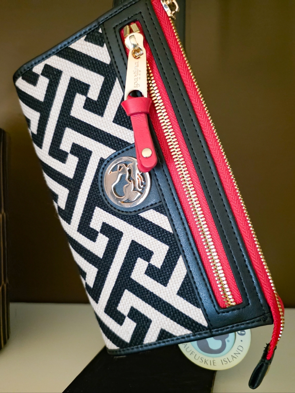 Spartina 449 Black, Red & Cream Geometric Zip Wallet with Gold Hardware